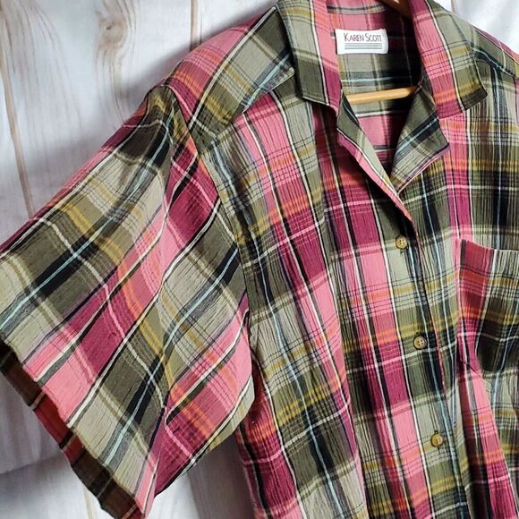 Vintage Karen Scott Blouse Womens Size Large Pink Plaid Button Up Cottage Preppy - Picture 5 of 8